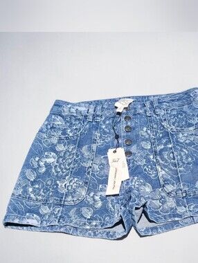 Cinq a Sept Vivian Sketchbook Floral Denim Shorts High Rise Button Fly Indigo 6